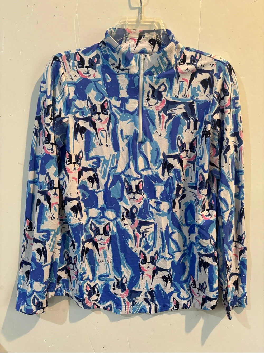 IBKUL Blue & White Dog Print Quarter Zip-Front Pullover M - Picture 1 of 13